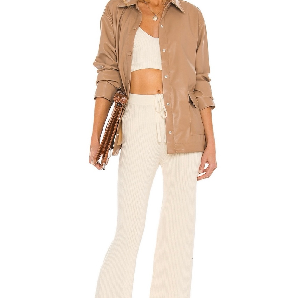 Cream Ribbed Knit Crop Top and Pant Set